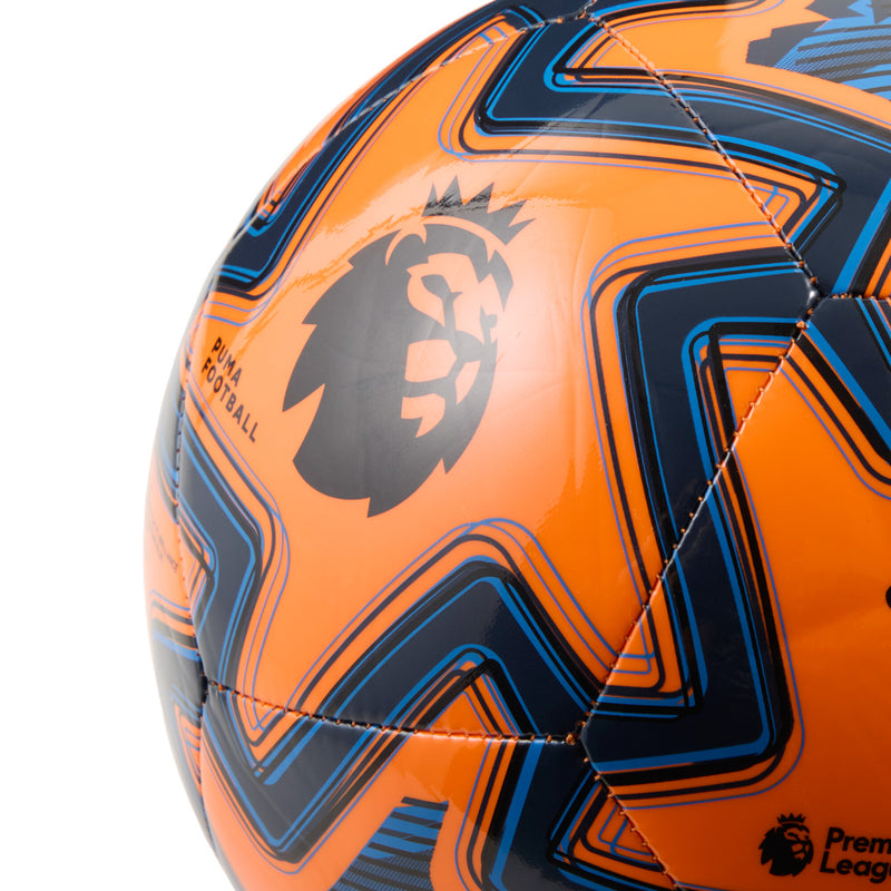 Orange soccer ball with blue geometric design and Premier League lion emblem