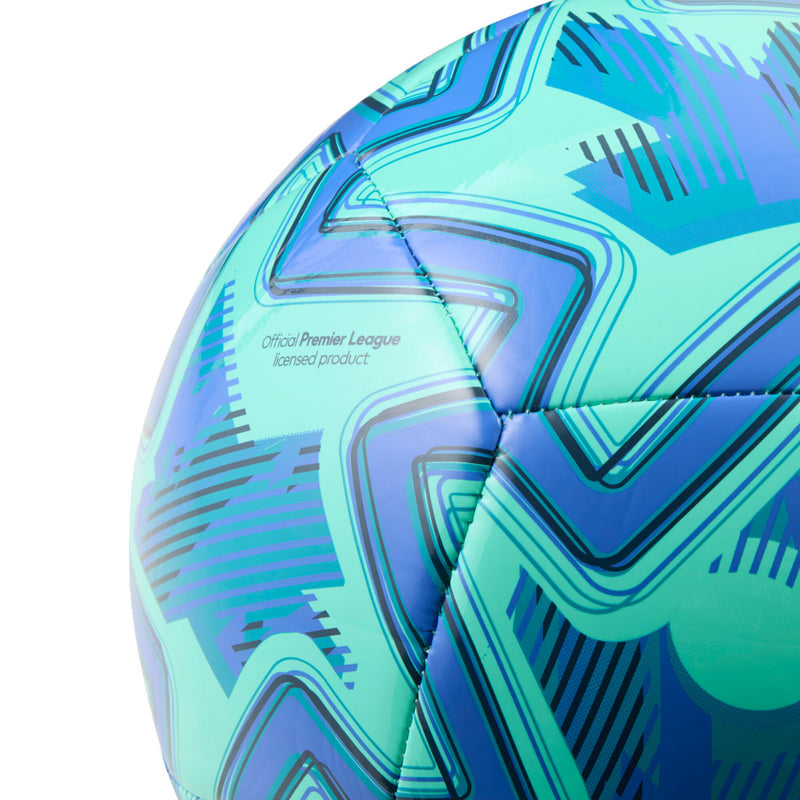 Light blue and teal ball with stitched design and 'Premier League licensed product' text.