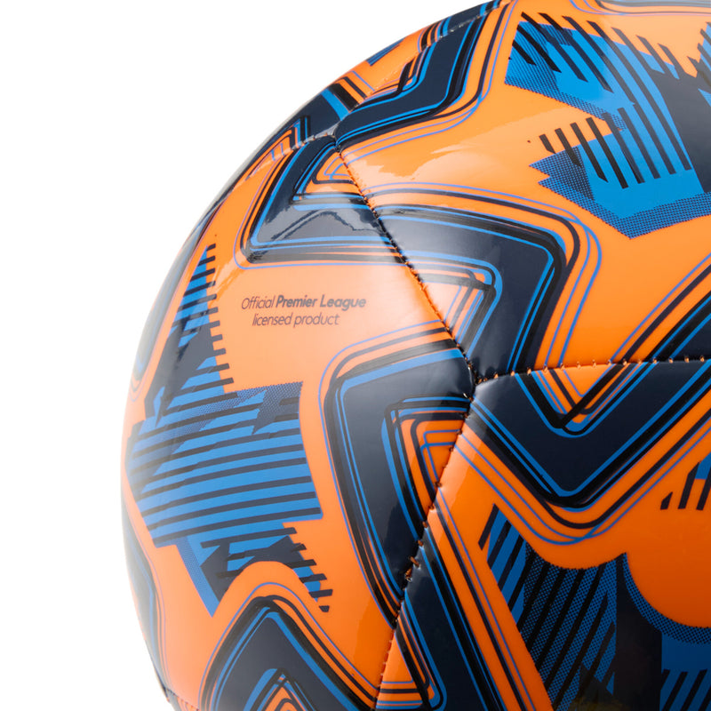 Orange and blue Premier League licensed soccer ball with stitched panel detail