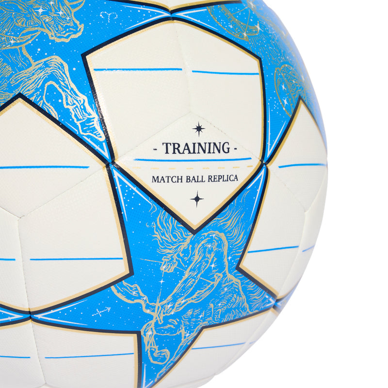Close-up of blue and white soccer ball showing 'TRAINING' text and match replica