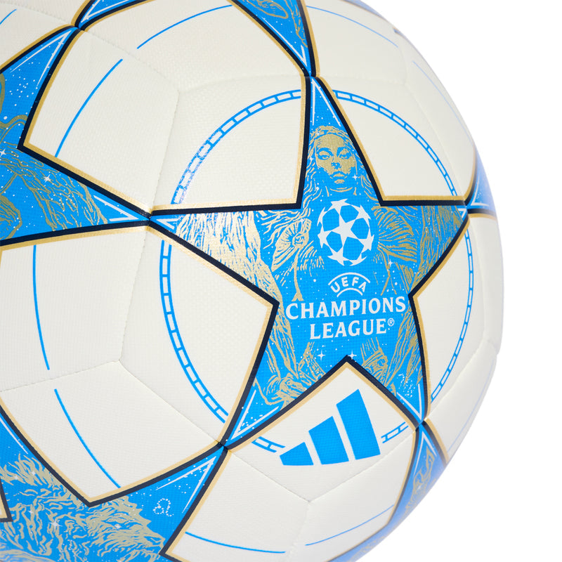Blue and white soccer ball with Champions League star badge and central emblem