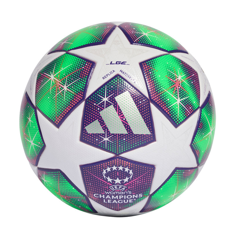 Soccer ball with white panels, green and purple star graphics