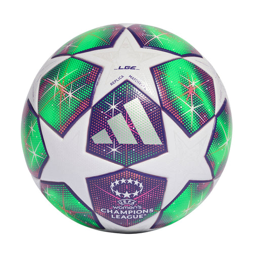 Soccer ball with white panels, green and purple star graphics