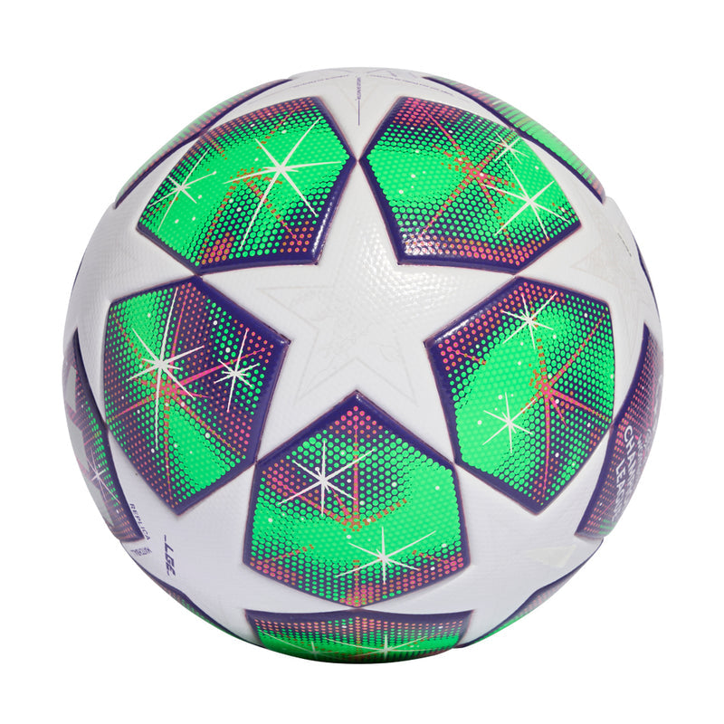 Soccer ball with white panels and green geometric star segments