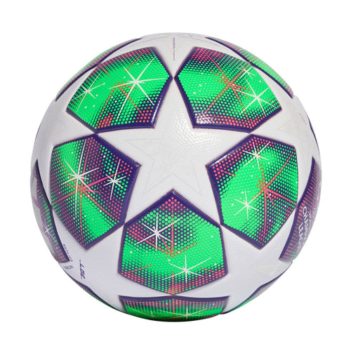 Soccer ball with white panels and green geometric star segments