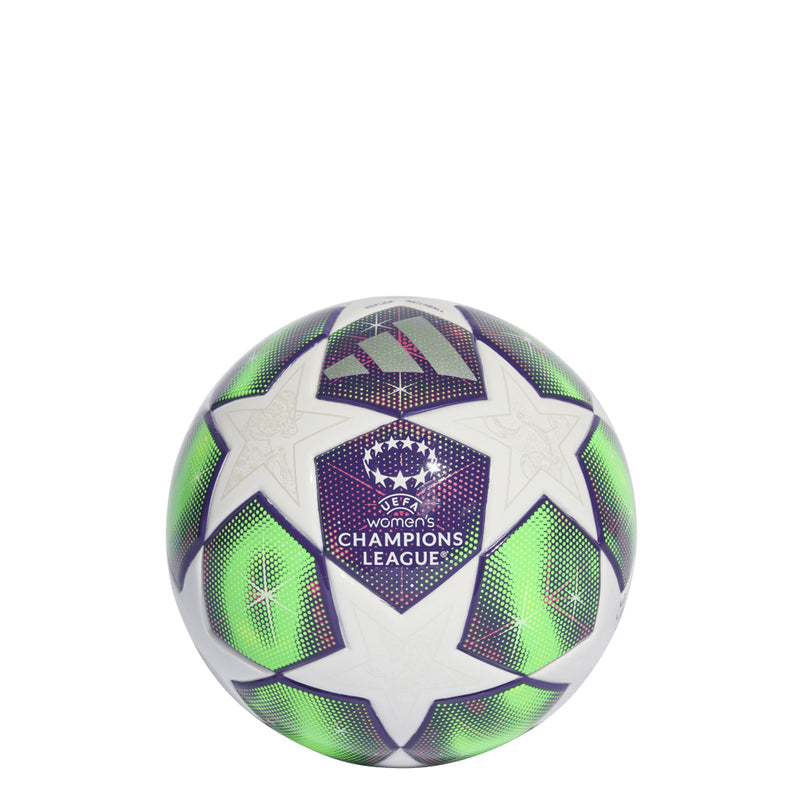 Mini football with white panels and neon green/purple graphics