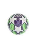 Mini football with white panels and neon green/purple graphics