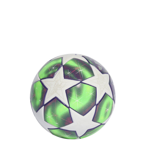 Mini soccer ball with neon green dotted side panels and dark blue trim