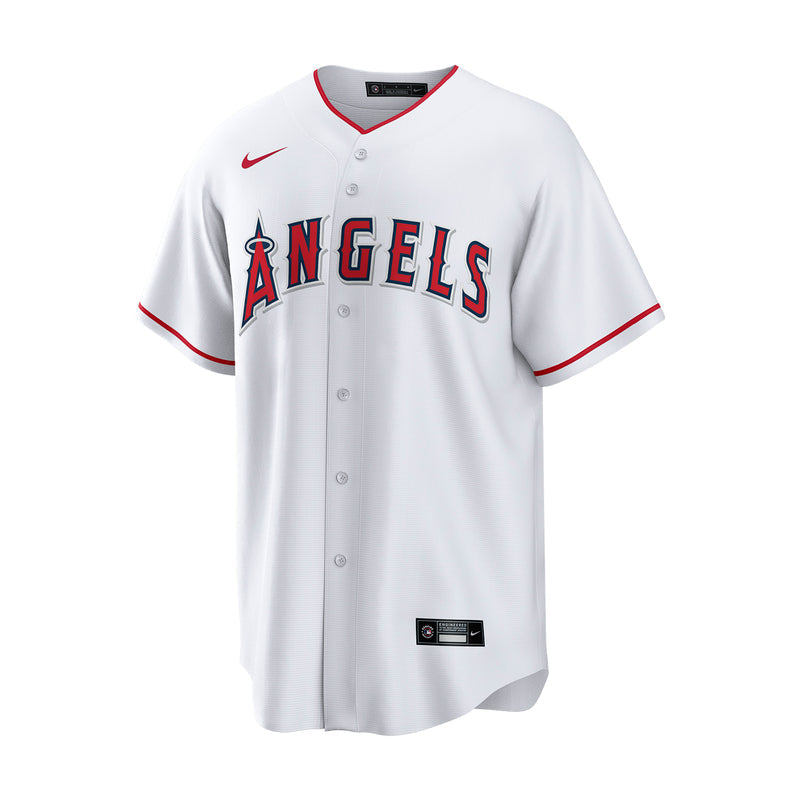 Men's Los Angeles Angels white home replica baseball jersey, button front with Nike swoosh