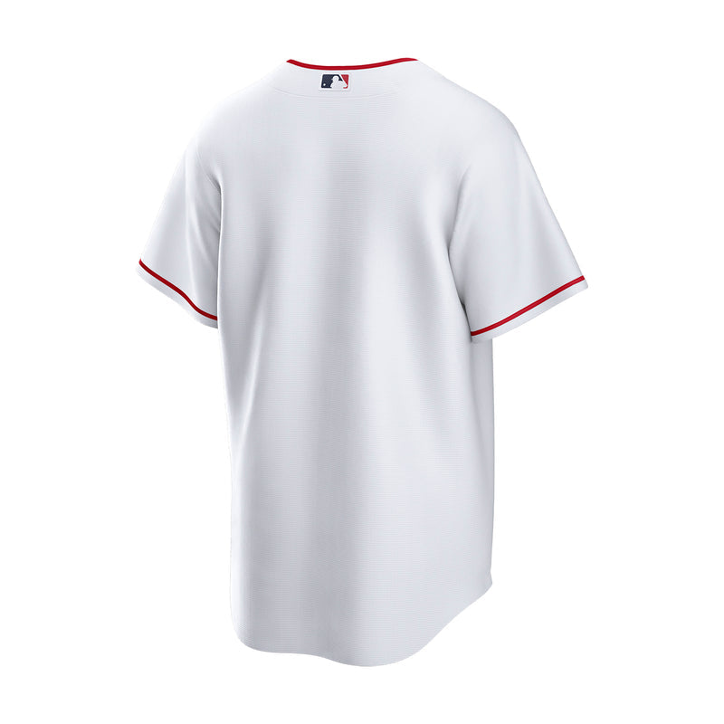 Men's Los Angeles Angels white home replica baseball jersey, back view with red trim