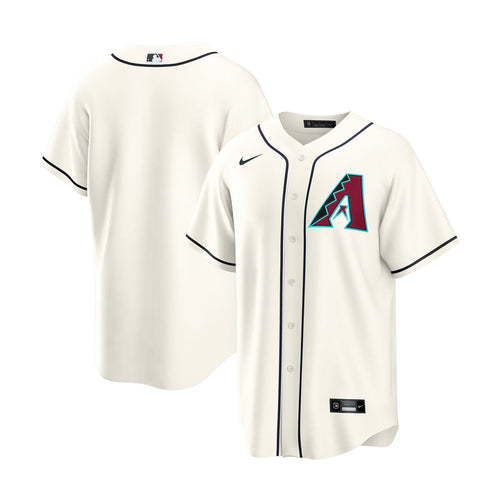 Men's replica home baseball jersey in light sail with front button placket and team logo.