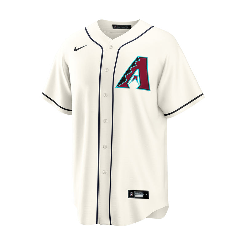 Men's light sail replica home baseball jersey with crest logo, button front, and dark piping.