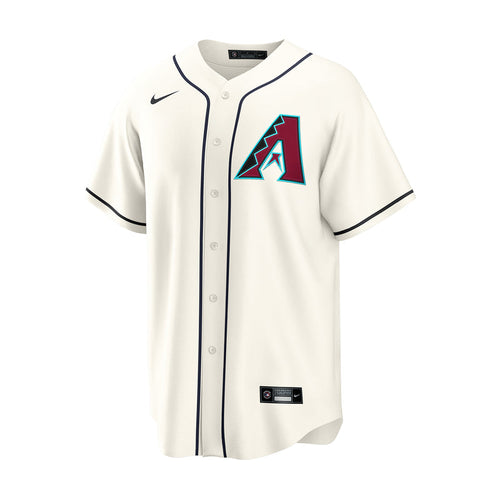 Men's light sail replica home baseball jersey with crest logo, button front, and dark piping.