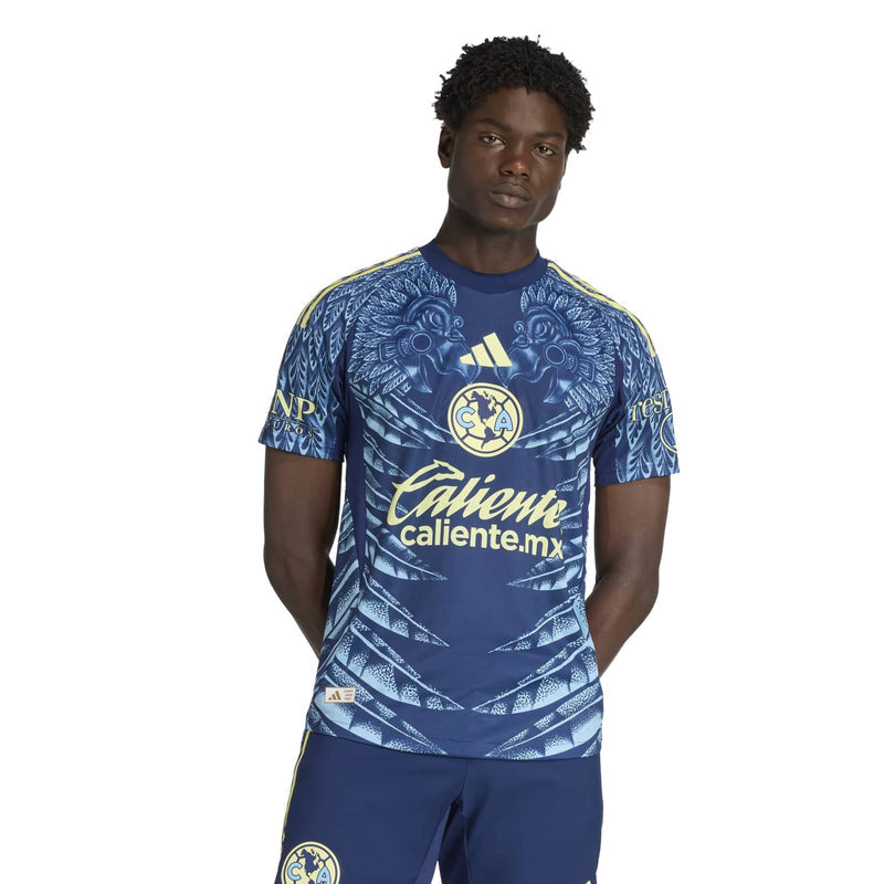 Men's Club America away jersey, navy blue with patterned graphics and Caliente.mx sponsor.