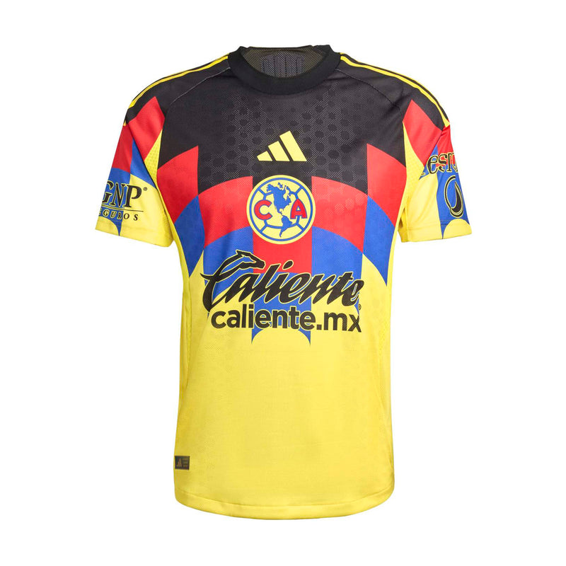 Men's Club America home jersey in yellow with black red blue geometric panels