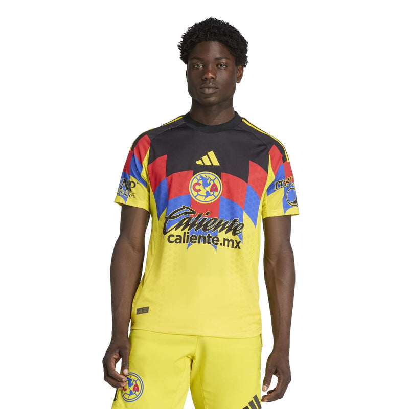 Men's Club America home jersey, yellow with black shoulders and red/blue side panels