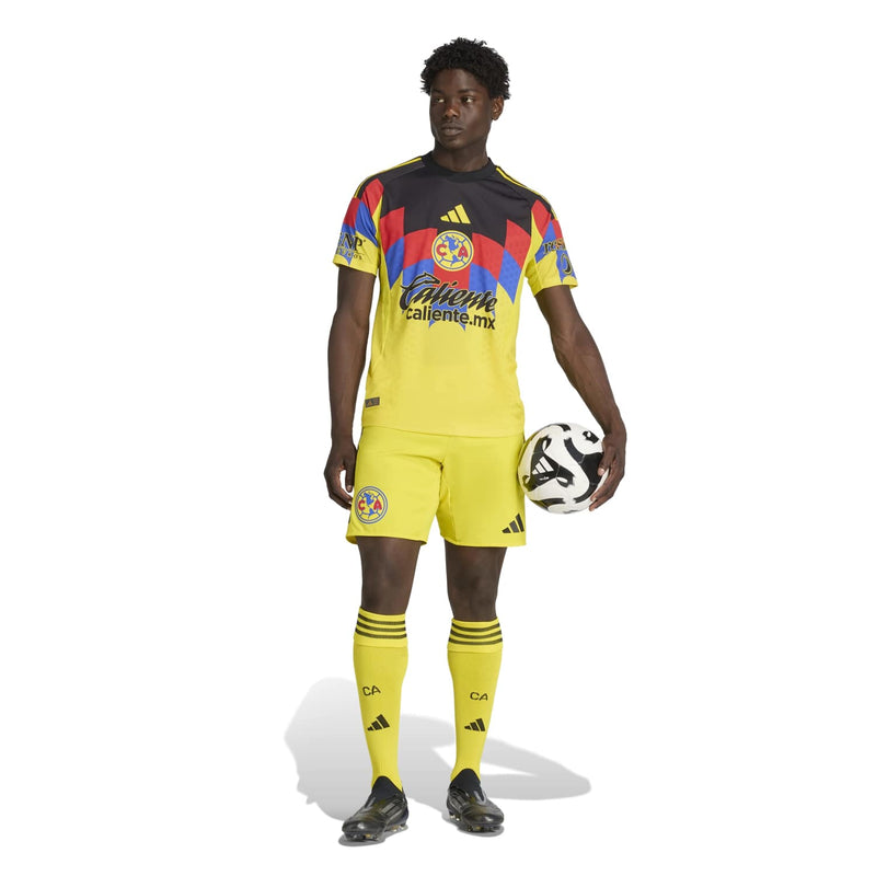 Men's Club America home jersey back, yellow with black collar and multicolor sleeve panels
