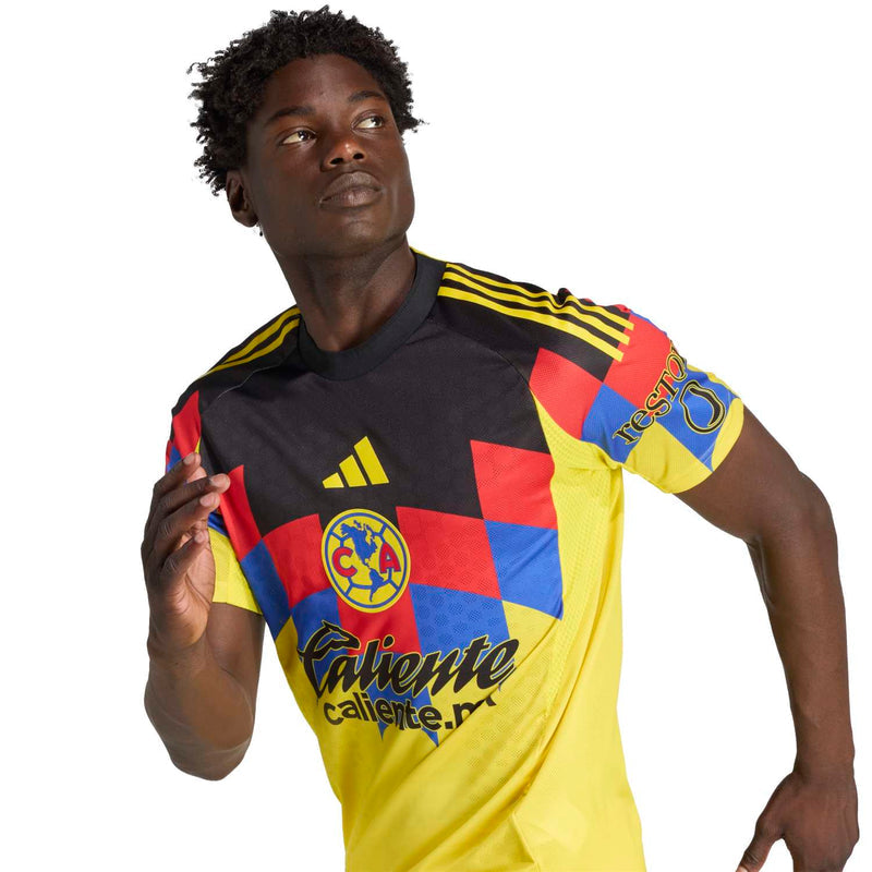 Men's Club America home jersey front, yellow with black Adidas stripes and crest