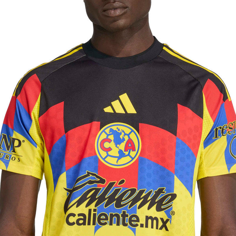 Men's Club America home jersey, yellow center with black collar, crest and sponsor print