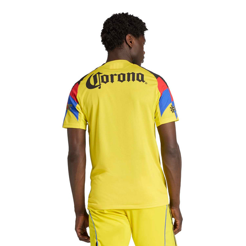 Men's Club America home jersey back, yellow with black 'Corona' lettering and multicolor trim