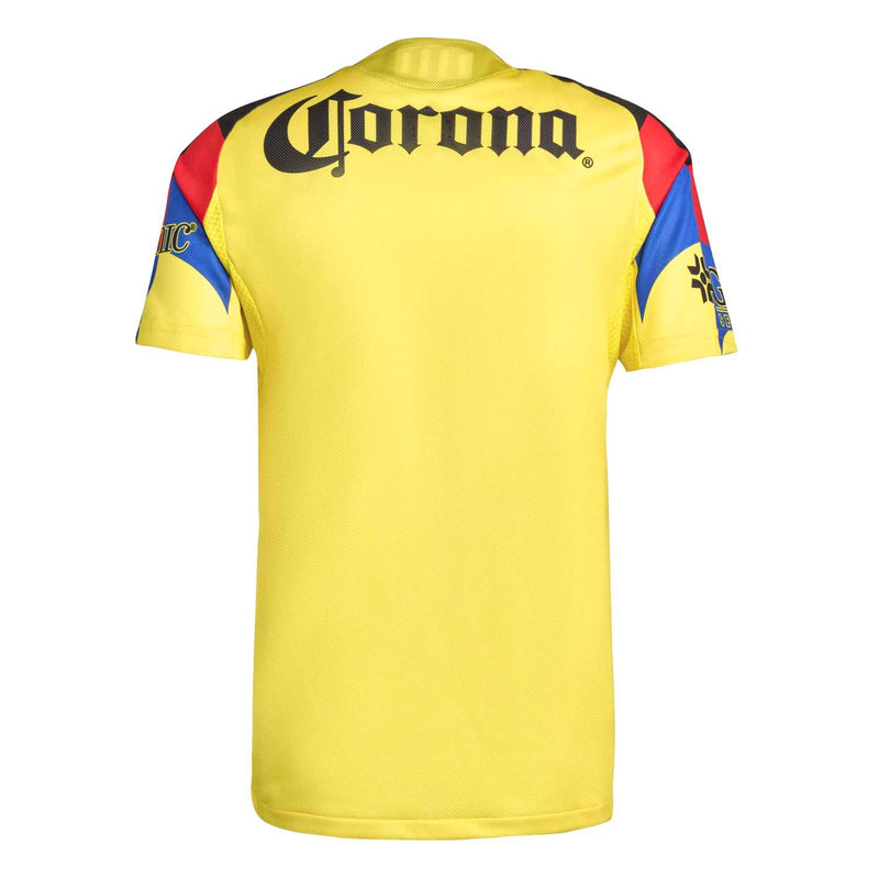 Men's Club America home jersey back, yellow with black 'Corona' logo and multicolor sleeves