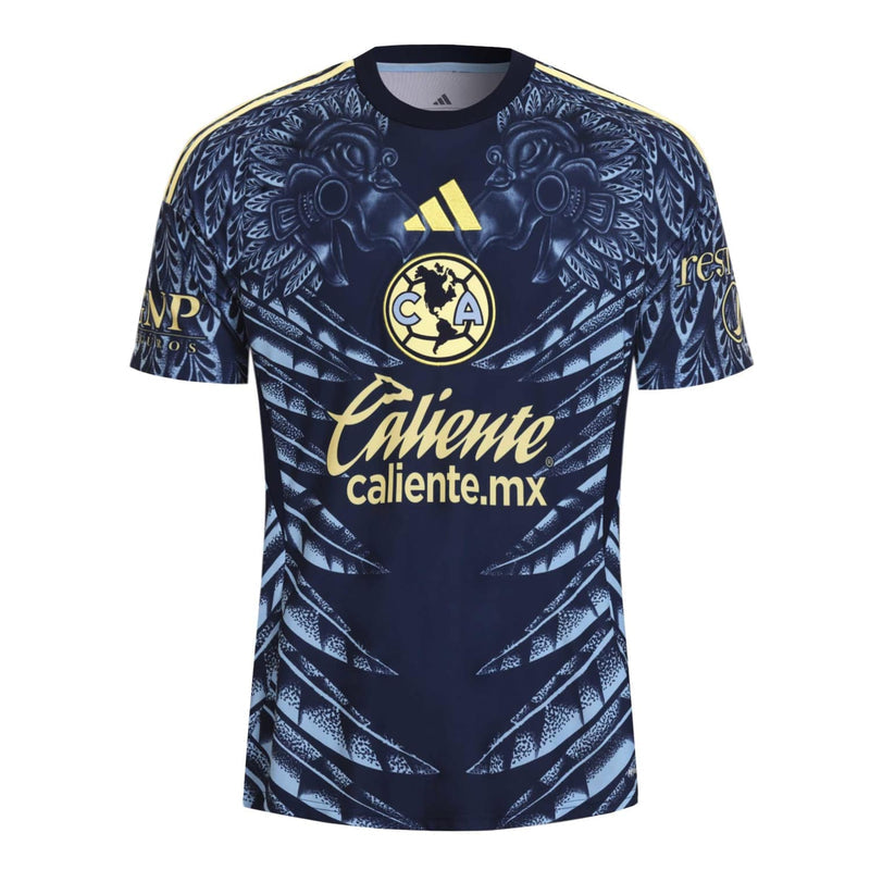 Navy men’s soccer jersey with front crest, “Caliente” sponsor, and graphic pattern