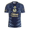 Navy men’s soccer jersey with front crest, “Caliente” sponsor, and graphic pattern