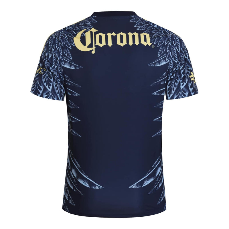 Navy men’s soccer jersey back with “Corona” logo and leaf-style patterned graphics