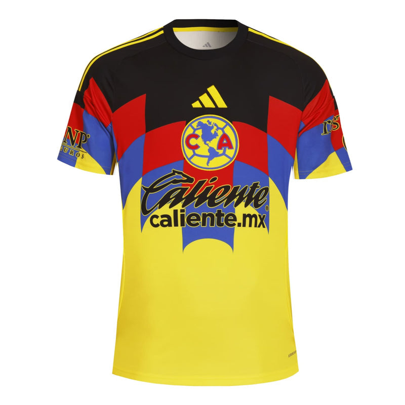 Men's yellow soccer home jersey with club crest, sponsor logo, black collar, striped sleeves