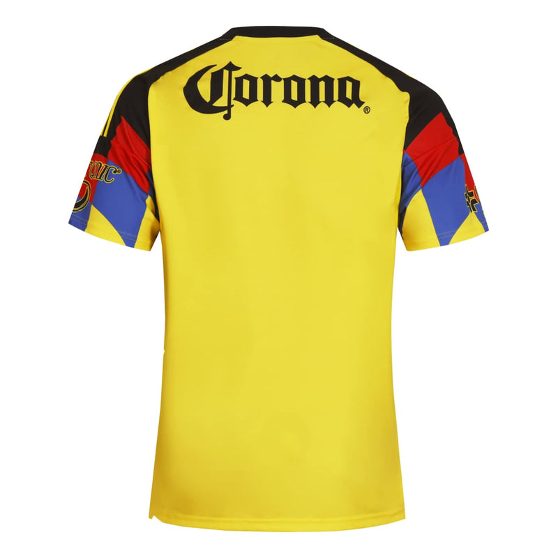 Men's yellow soccer home jersey back with black Corona print and striped shoulders