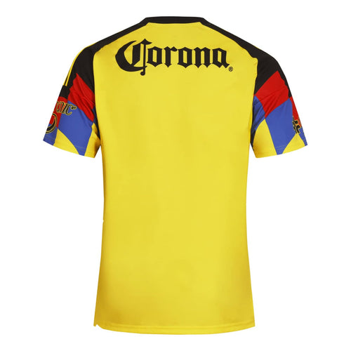 Men's yellow soccer home jersey back with black Corona print and striped shoulders