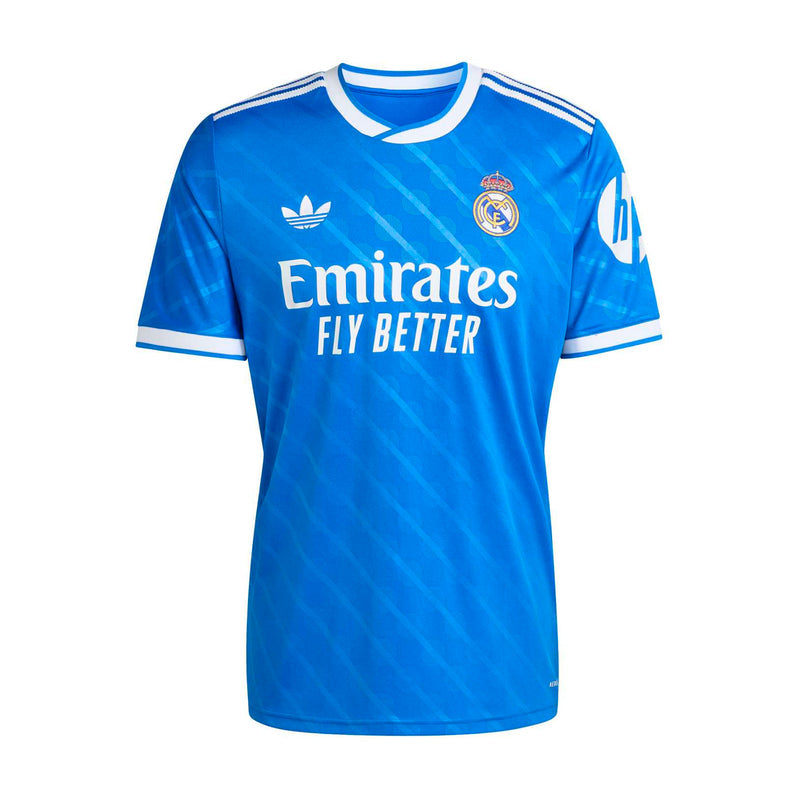 Men's blue Real Madrid third jersey with Emirates Fly Better sponsor and crest