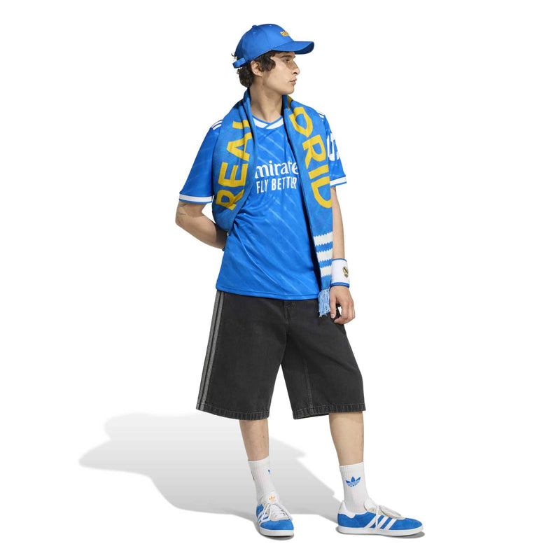 Men's blue Real Madrid third jersey with sponsor print and white shoulder stripes
