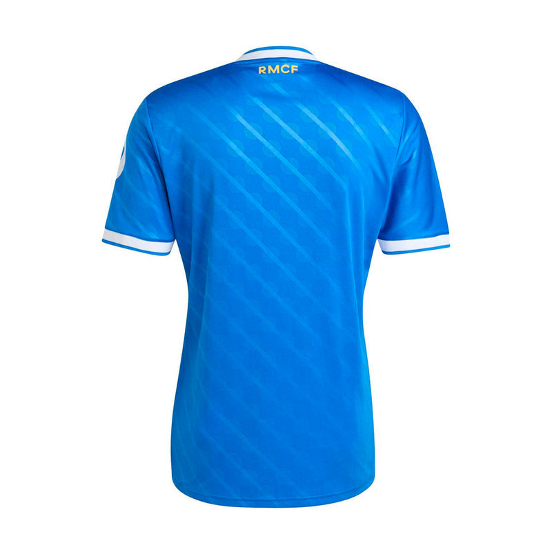 Men's blue Real Madrid third jersey back with RMFC marking and white collar trim