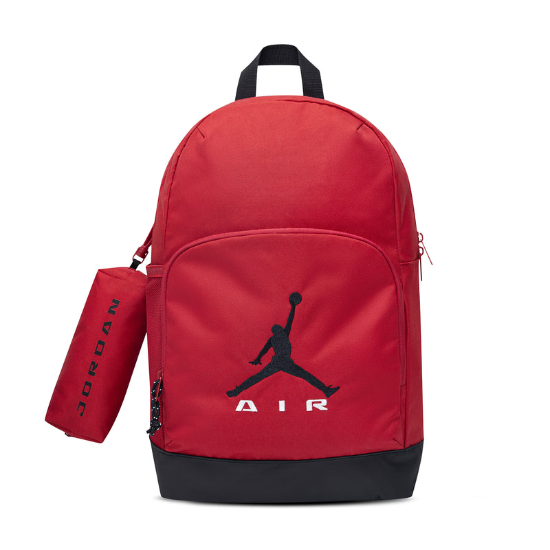 Red air backpack with Jordan AIR logo and matching pencil case