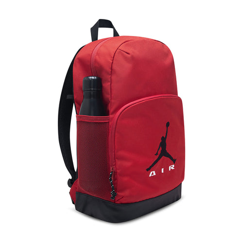 Red backpack with water-bottle pocket and Jordan AIR logo