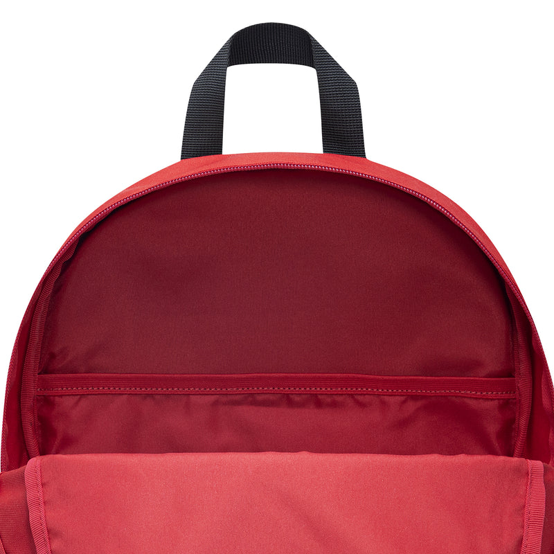 Red backpack top front close-up with zipper and carry handle