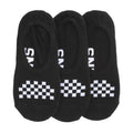 3-pack black no-show socks with white checkered logo and lettering