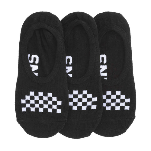 3-pack black no-show socks with white checkered logo and lettering