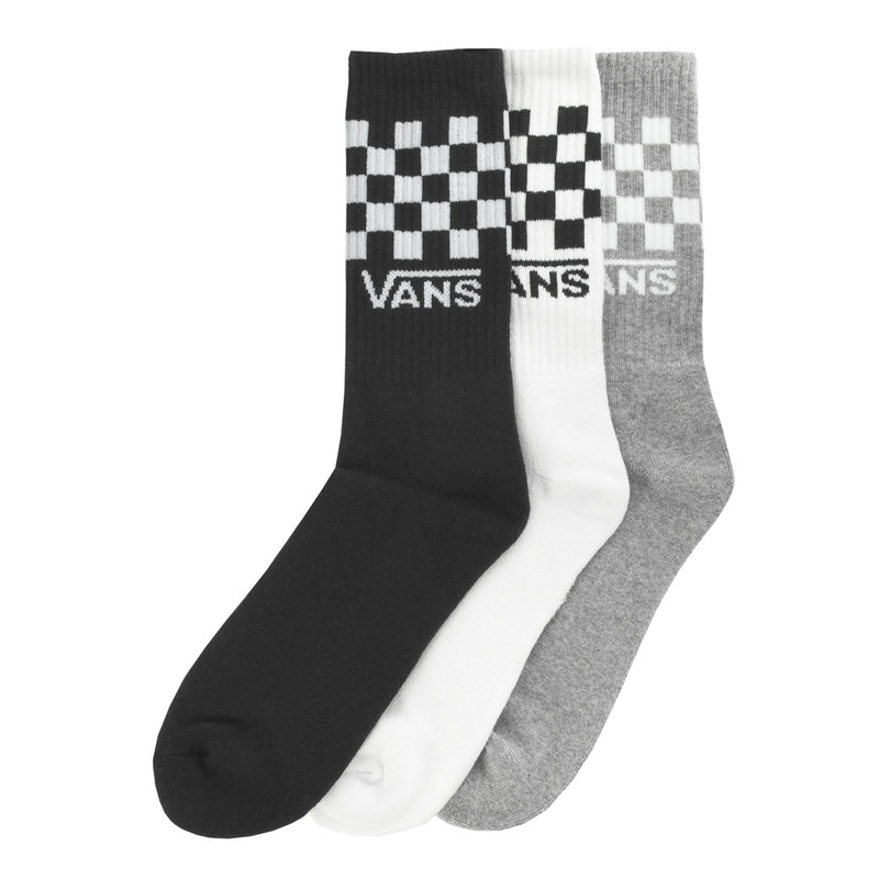 3-pack crew socks with Vans checkerboard bands in black, white, and gray
