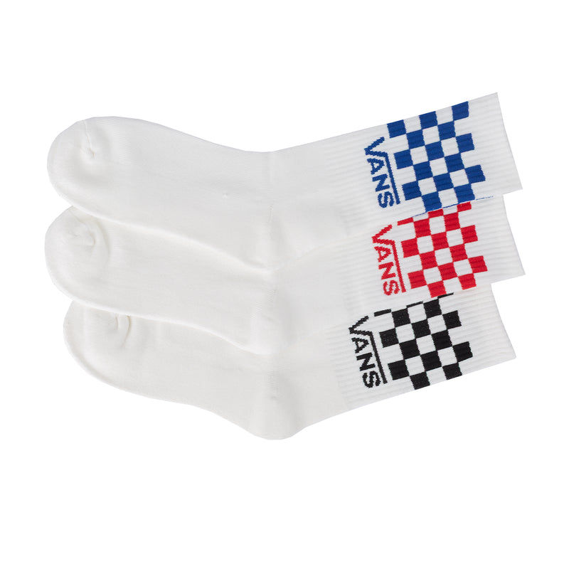 White crew socks with blue, red, and black checkerboard logo at cuff