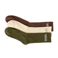 3-pack crew socks in brown, cream, and olive green; ribbed cuffs with lettered logo