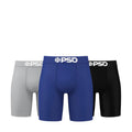 3-pack cotton blend boxer briefs in gray, blue, and black, PSD logo waistband