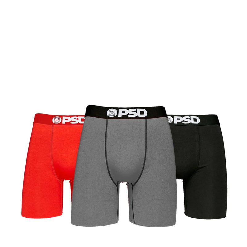 3-pack men’s cotton-blend boxer briefs in red, gray, and black, logo waistband