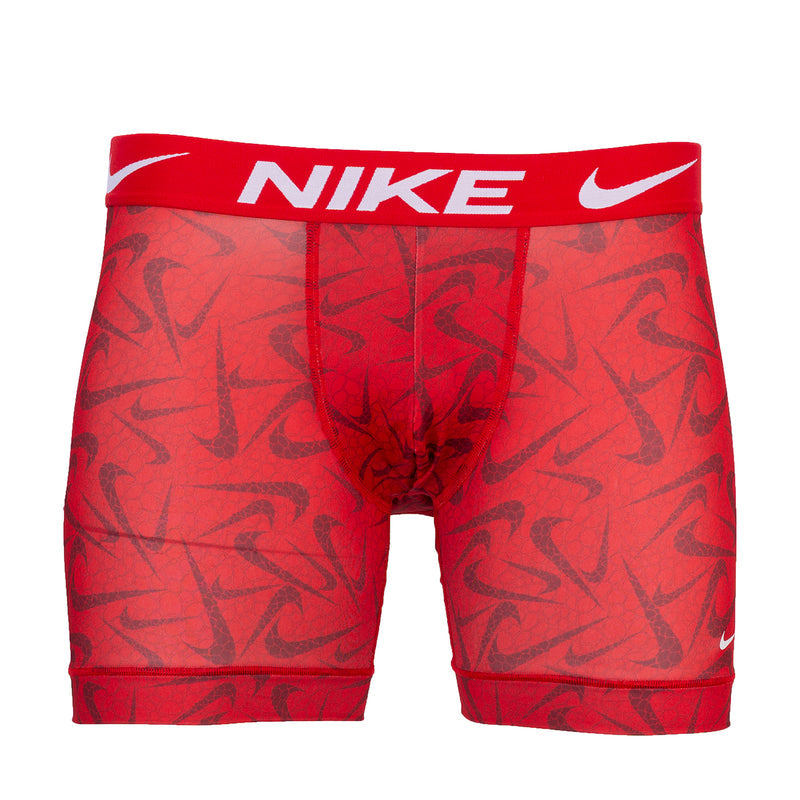 Men's red Dri-FIT micro boxer briefs with Nike swoosh and allover pattern