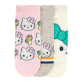 3-pack adult no-show socks with Hello Kitty faces; pink, gray, and cream prints