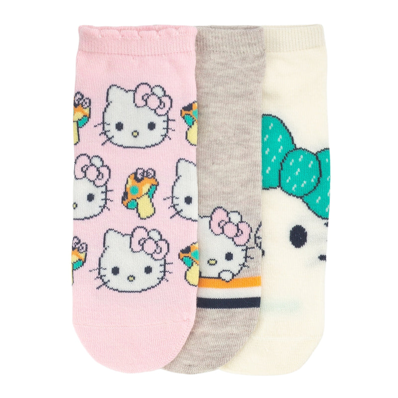 3-pack adult no-show socks with Hello Kitty faces; pink, gray, and cream prints