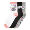3-pack Hello Kitty ribbed crew socks for adults: white, black, and gray with pink accents