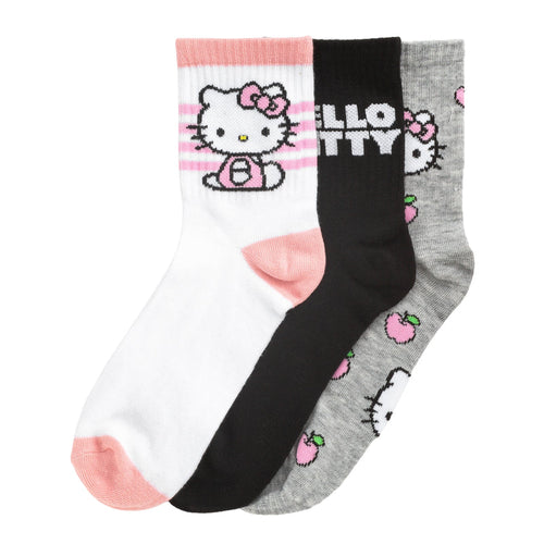 3-pack Hello Kitty ribbed crew socks for adults: white, black, and gray with pink accents
