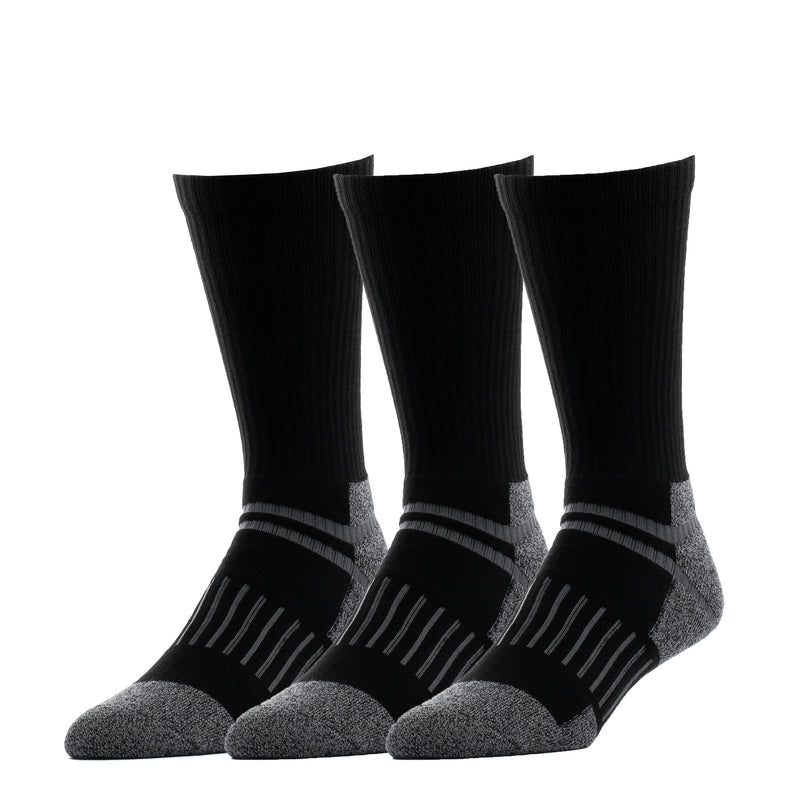 3-pack black crew work socks with ribbed leg and gray striped heel toe